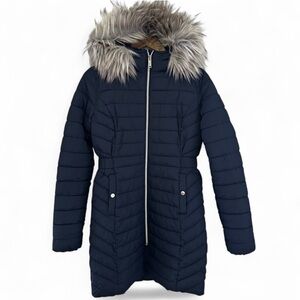 Hollister Navy Puffer Jacket with Faux Fur Hood Women’s XS Insulated Y2K Style